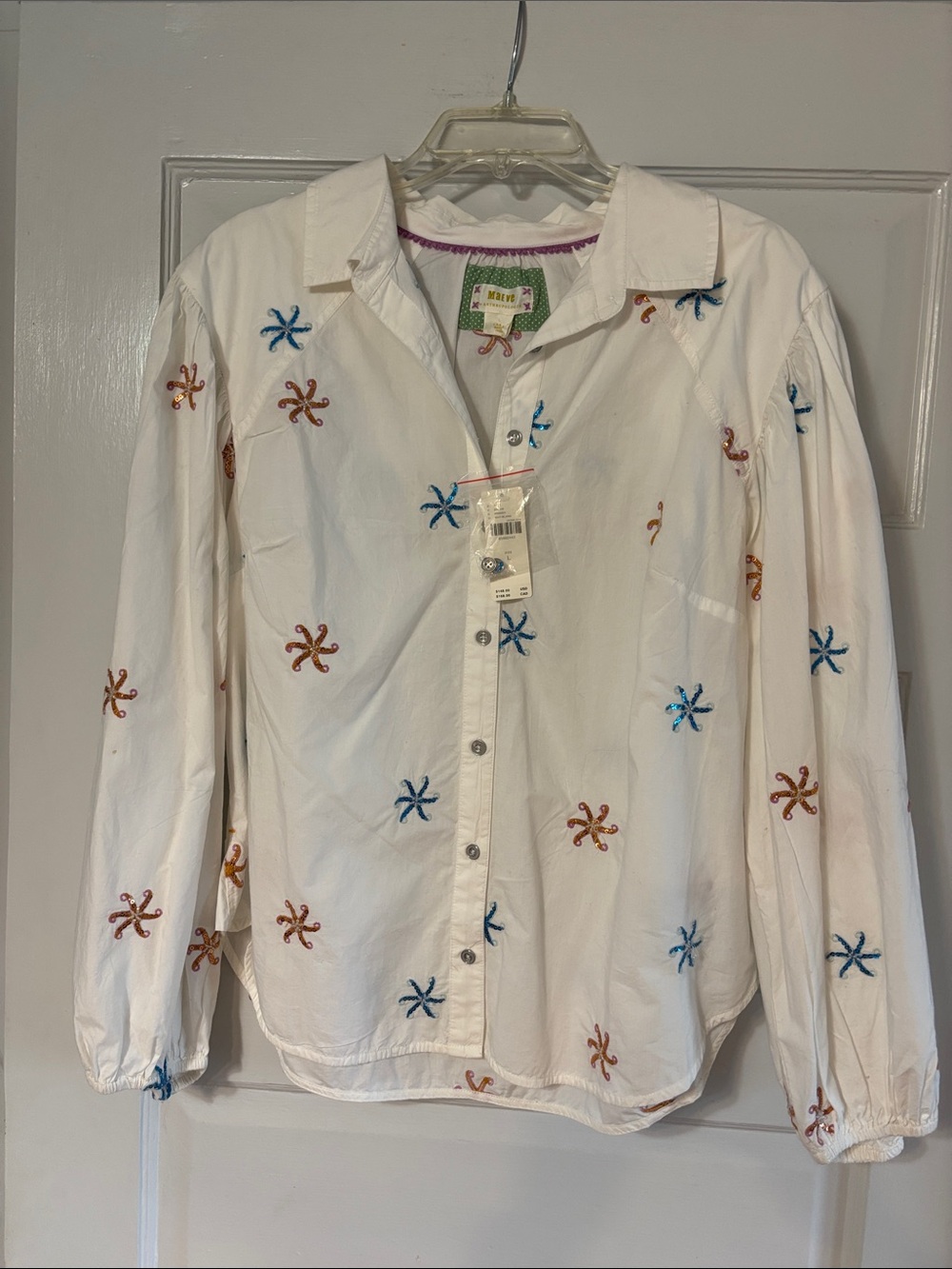Maeve White Button-Front Shirt with Blue Embroidered Stars